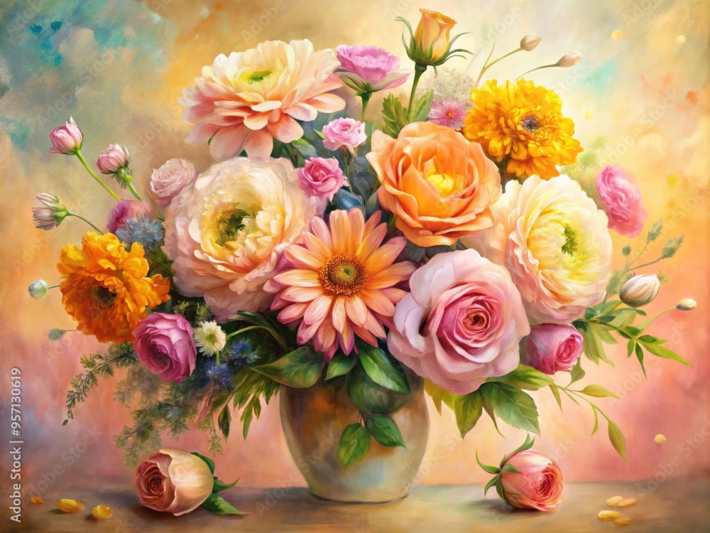 Vibrant brushstrokes dance across a soft creamy canvas, bringing to life a radiant bouquet of peach, pink, and yellow flowers in delicate, blended hues. Vibrant brushstrokes dance across a soft creamy canvas, bringing to life a radiant bouquet of peach, pink, and yellow flowers in delicate, blended hues.