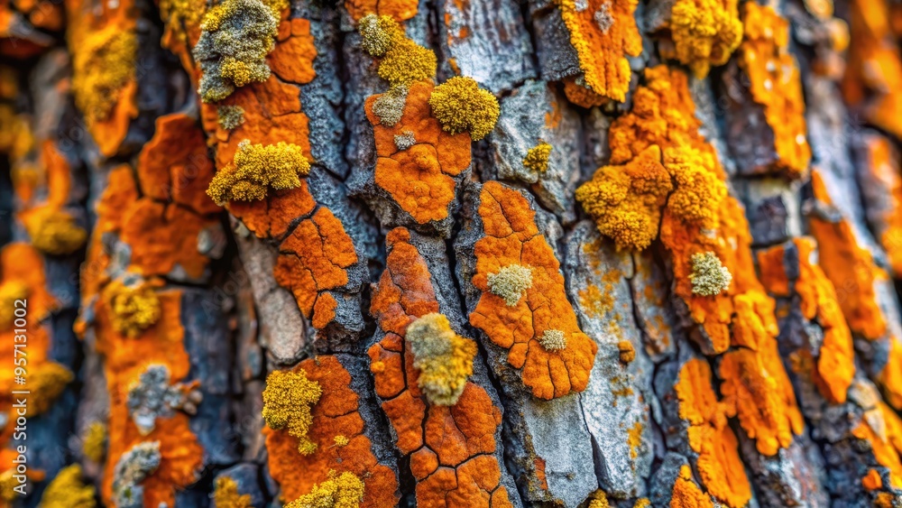 Vibrant orange and yellow lichen covers ancient tree bark in intricate patterns, showcasing nature's tiny, yet majestic, details in high-definition macro photography. Vibrant orange and yellow lichen covers ancient tree bark in intricate patterns, showcasing nature's tiny, yet majestic, details in high-definition macro photography.