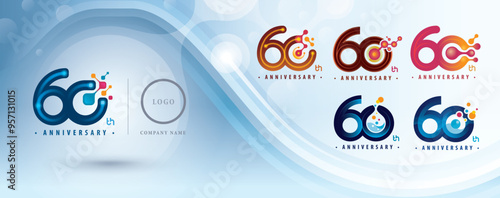 Set of 60th Anniversary logotype, Sixty years Celebrate Anniversary Logo for celebration, Abstract Molecule structure Connected. Chemistry Science and Biotechnology, molecular biology, Logo 60