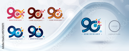 Set of 90th Anniversary logotype design, Ninety years Celebrate  Logo for celebration, Abstract Molecule structure Connected. Chemistry Science and Biotechnology, molecular biology, Logo 90