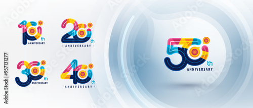 10, 20, 30, 40, 50 year Anniversary logo design, Ten to Fifty years Colorful Logo for Celebration, Abstract Atom Molecule structure particle, Chemistry Science and Biotechnology, molecular biology