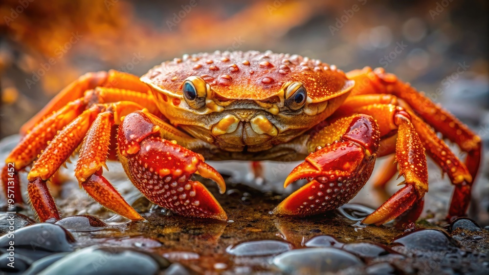 Vibrant orange crab's intricately textured claws and shell glisten with dew, set against a soft, muted background, highlighting its delicate yet armored anatomy. Vibrant orange crab's intricately textured claws and shell glisten with dew, set against a soft, muted background, highlighting its delicate yet armored anatomy.
