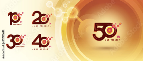 10, 20, 30, 40, 50 year Anniversary logo design, Ten to Fifty years Anniversary Logo for Celebration, Abstract Red Atom Molecule structure particle, Chemistry Science, Biotechnology, molecular biology