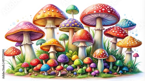 Vibrant, whimsical illustration of colorful mushrooms in varying sizes and shapes, scattered across a white background, perfect for adding a touch of fantasy to interior designs. photo