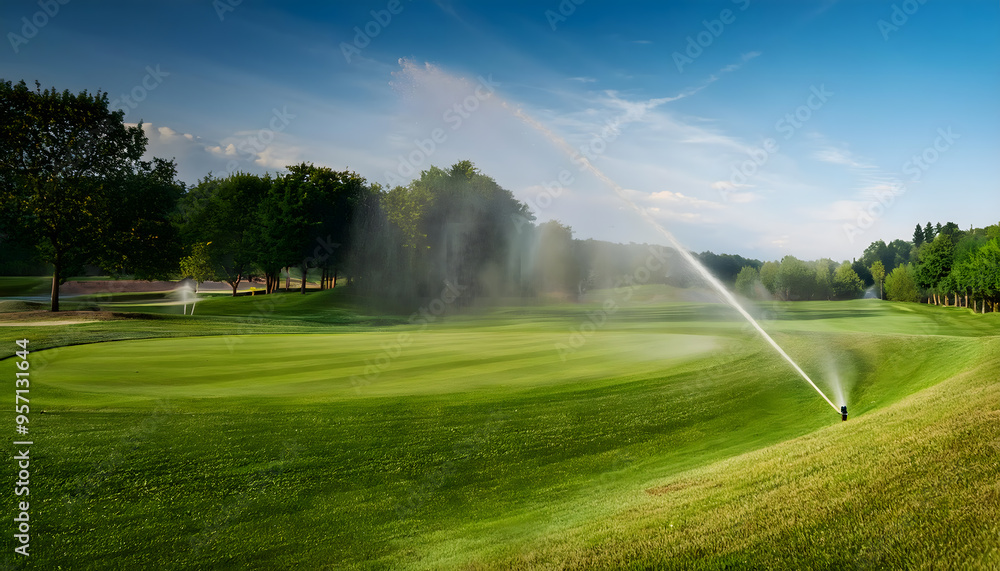 A lush green golf course with a sprinkler system watering the grass