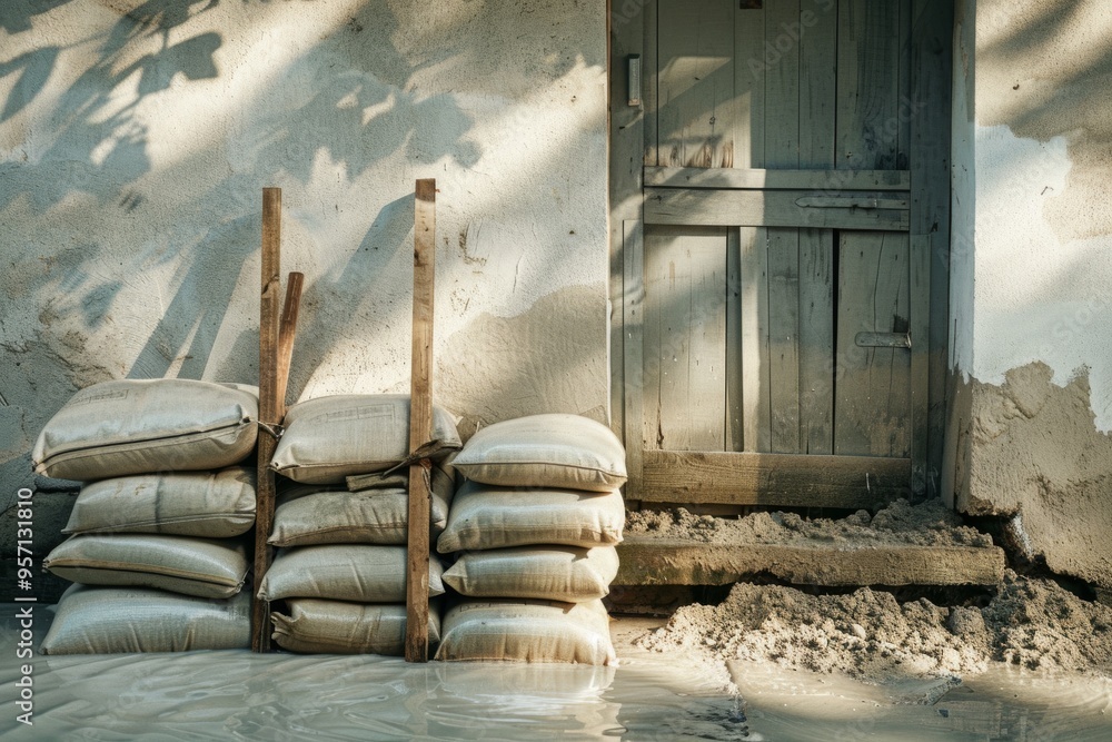 Sandbags stacked against a worn-out doorway, hinting at protection against floodwaters and the resilience of a vulnerable structure. Sandbags stacked against a worn-out doorway, hinting at protection against floodwaters and the resilience of a vulnerable structure.