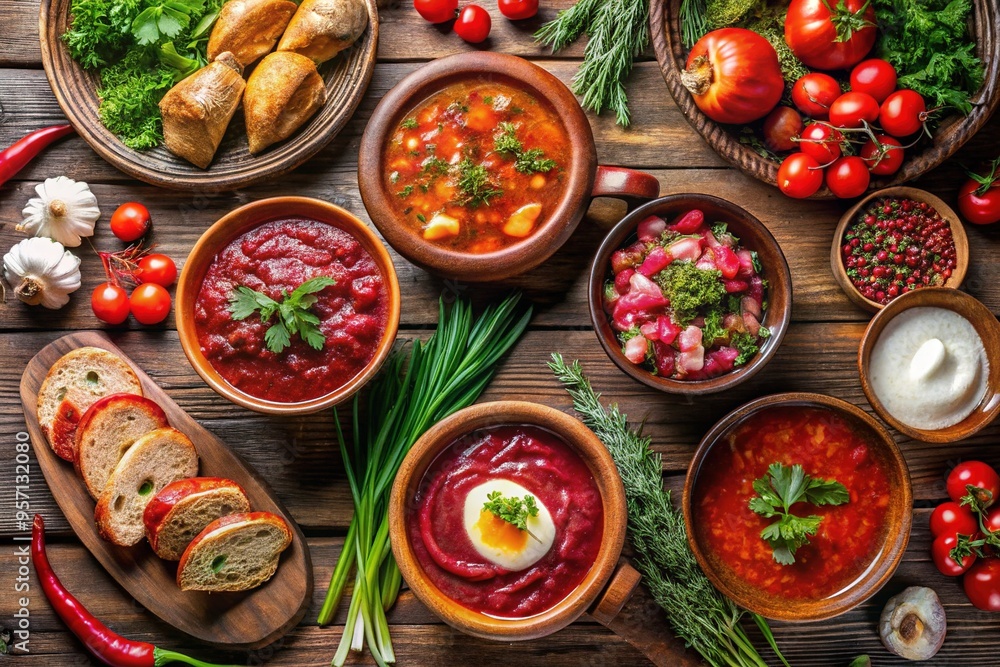 Vibrant Ukrainian cuisine adorns a rustic wooden table, with bold borscht, tender varenyky, and savory salo enticing guests to indulge in flavors of the homeland. Vibrant Ukrainian cuisine adorns a rustic wooden table, with bold borscht, tender varenyky, and savory salo enticing guests to indulge in flavors of the homeland.