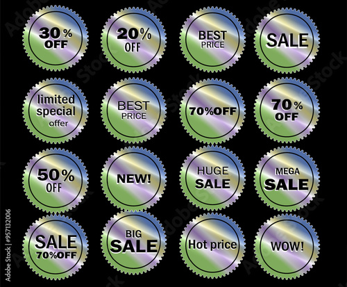 stickers gologram , set tag golographic, label : sale, percent, wow, new, 70, 50, 20, offer, off, hologram ticket photo