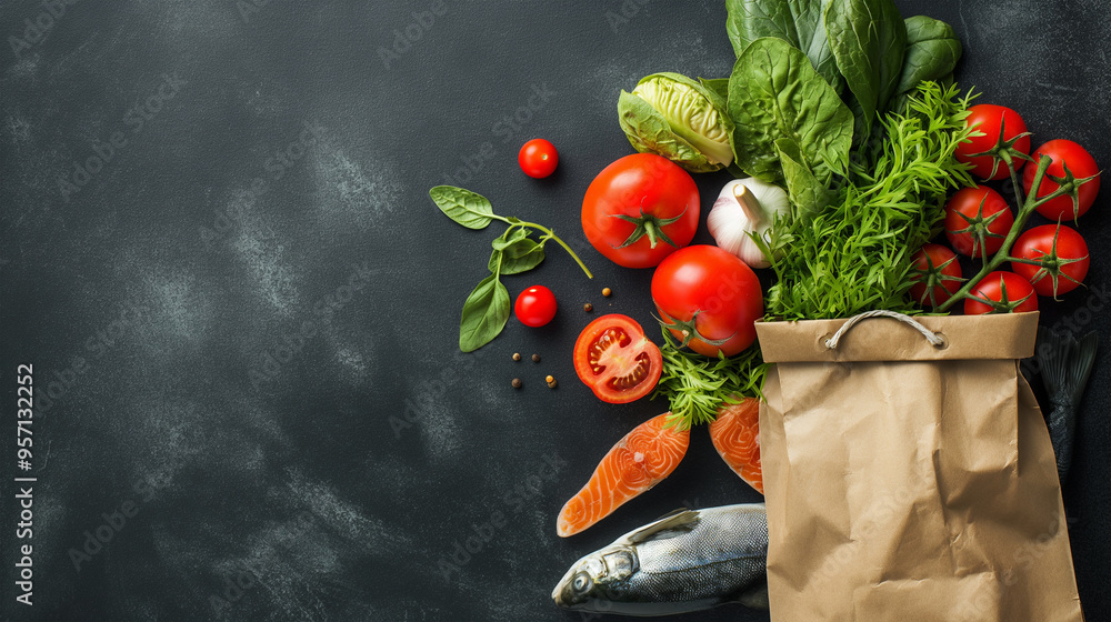 Fresh Grocery Delivery Concept with Whole Fish, Organic Vegetables, and Herbs in a Paper Bag on a Dark Background Fresh Grocery Delivery Concept with Whole Fish, Organic Vegetables, and Herbs in a Paper Bag on a Dark Background