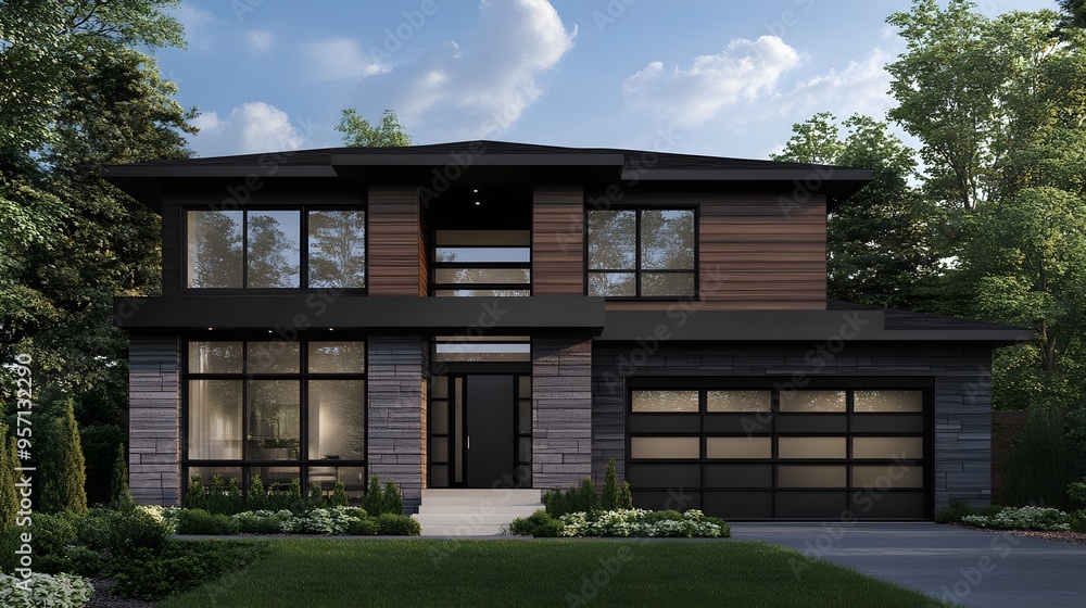 Front view of a modern home with dark gray wood paneling and black steel windows Front view of a modern home with dark gray wood paneling and black steel windows