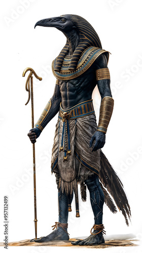 Regal Egyptian deity Thot with falcon or ibis head, adorned in gold and blue regalia. Muscular body, holding ornate staff. Intricate headdress, traditional shendyt skirt. Mythological figure standing photo