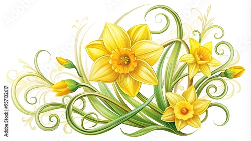 Vibrant yellow jonquils bloom in a whimsical vector illustration, surrounded by delicate tendrils and ornate foliage, conveying springtime joy and elegance. photo