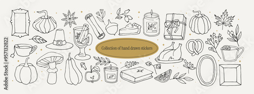 Cozy fall graphic set. Includes hand drawn line doodle art drawings of pumpkins, turkey, pie, candle. Vintage autumn clipart ink stickers in retro style. Thanksgiving Day concept.	