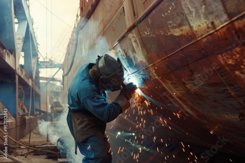 Welding sparks fly as a worker diligently repairs a large, rusted ship, highlighting industry and craftsmanship.