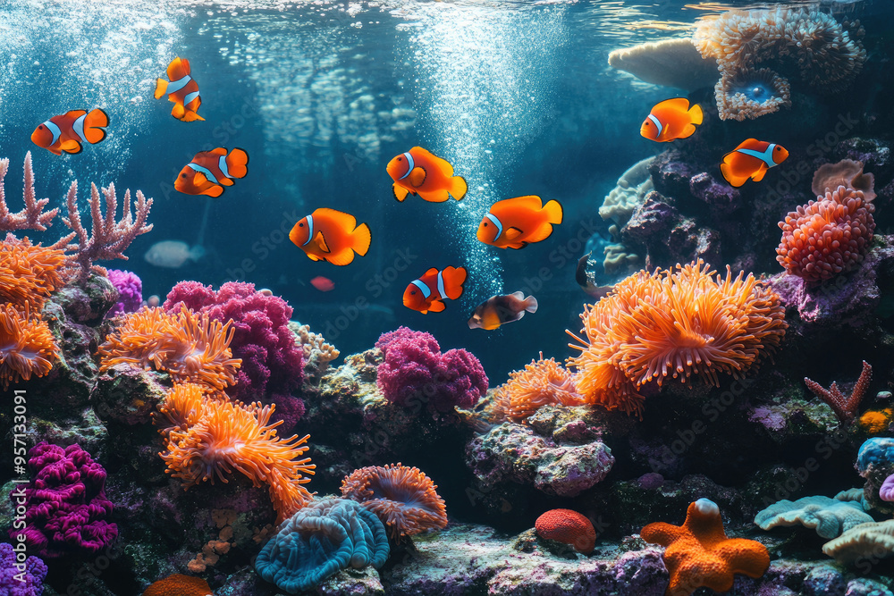 Naklejka premium Underwater landscape with schooling fish and beautiful sunlight. From a scuba dive in the Atlantic ocean.