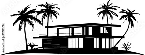 A large house with a palm tree in front of it. The house is white and has a modern design. The image gives off a feeling of luxury and relaxation