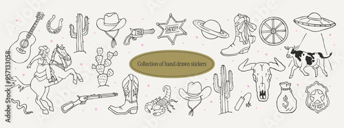 Collection of wild west line art graphics. Hand drawn stickers in a cosmic cowboy style. Vintage weird clipart ink elements for logos, posters, prints, social media.