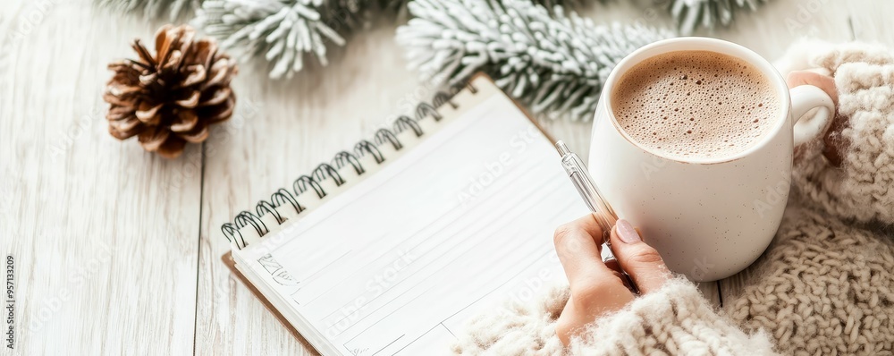 Woman with a planner and hot cocoa, jotting down winter goals, peaceful winter morning Woman with a planner and hot cocoa, jotting down winter goals, peaceful winter morning