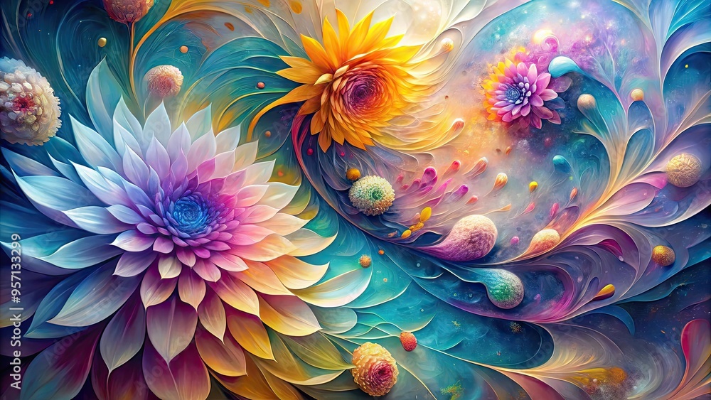Vibrant petals swirl across a textured canvas, blending organic shapes with geometric forms, evoking a dreamy, ethereal atmosphere in this imaginative floral abstract art piece. Vibrant petals swirl across a textured canvas, blending organic shapes with geometric forms, evoking a dreamy, ethereal atmosphere in this imaginative floral abstract art piece.