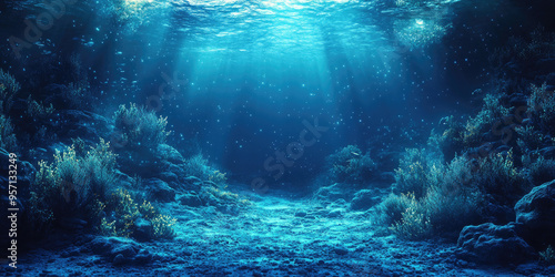 Fototapeta Naklejka Na Ścianę i Meble -  Many clownfish swimming through a coral reef full of anemones and colorful corals. The underwater scene is illuminated by natural light