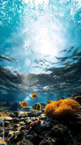 햇빛이 비치는 시간대 열대어들과 산호, 말미잘이 서식하는 바다속 생태계