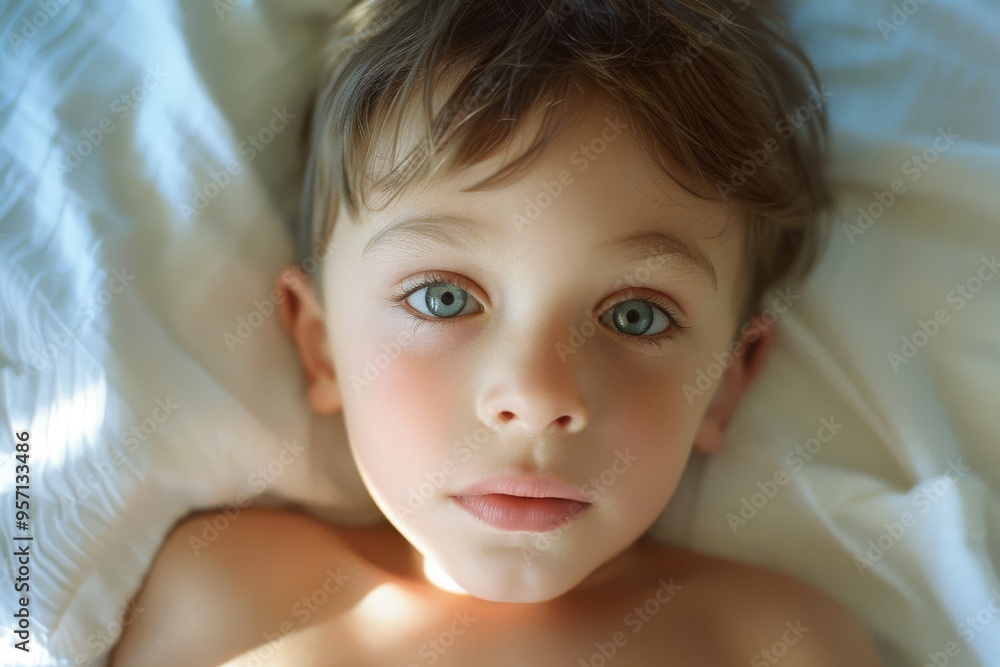 A young child gazes intently at the camera, lying on white bedding, the morning light casting a soft glow on their face. A young child gazes intently at the camera, lying on white bedding, the morning light casting a soft glow on their face.
