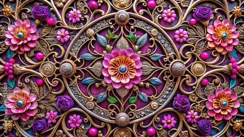 Vibrant pink and purple flowers intertwined with intricate ornate metalwork adorn a stunningly crafted ornamental design, creating a beautiful and elegant visual display.