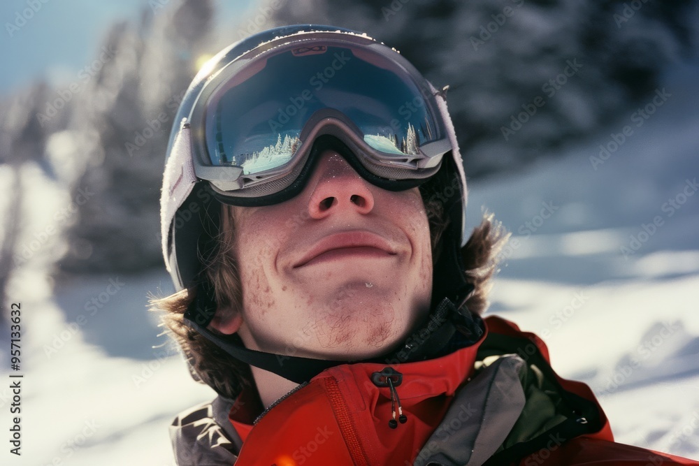 A cheerful young skier in goggles and a red jacket, enjoying a sunny day on the snowy slopes, with a vibrant reflection in his lenses. A cheerful young skier in goggles and a red jacket, enjoying a sunny day on the snowy slopes, with a vibrant reflection in his lenses.