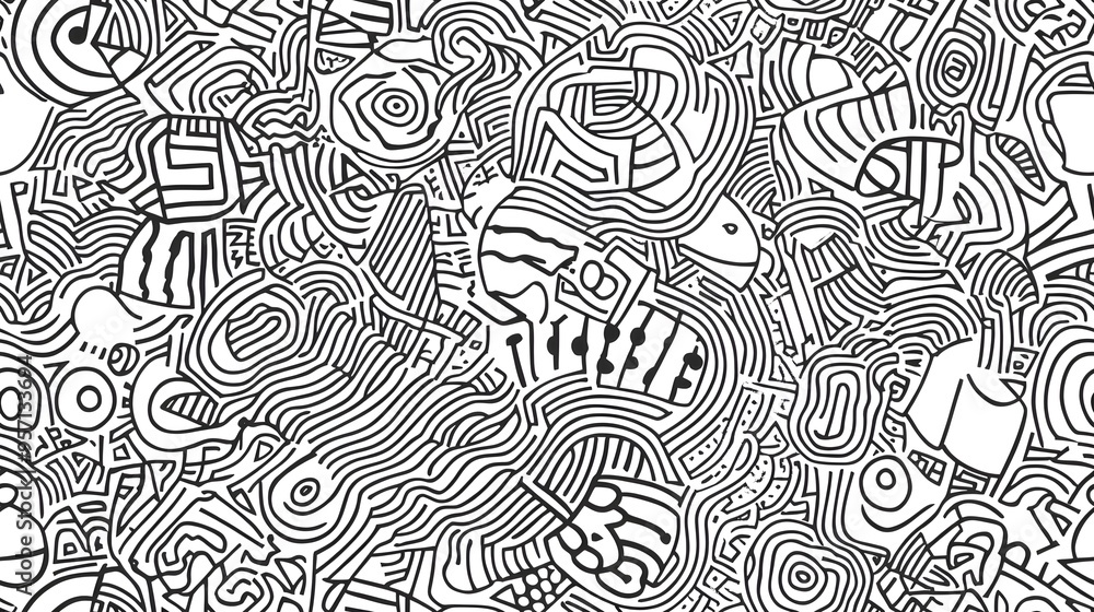 Naklejka premium Hand-drawn seamless pattern of abstract geometric elements. Monochrome range. Pattern for coloring book.