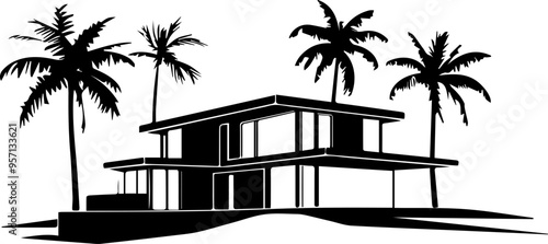 A large house with a palm tree in front of it. The house is white and has a modern design. The image gives off a feeling of luxury and relaxation