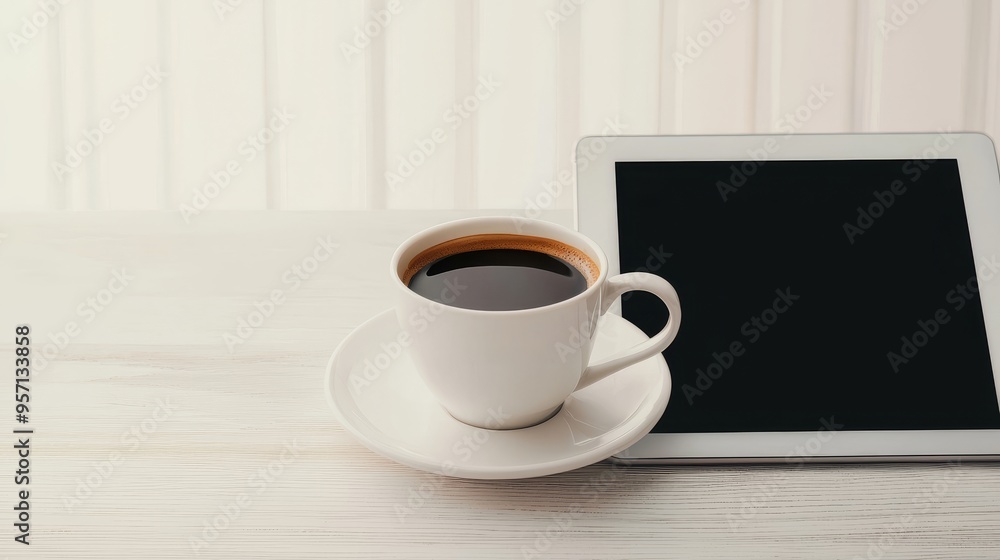 Business plan on a tablet screen with a coffee cup nearby, digital business planning Business plan on a tablet screen with a coffee cup nearby, digital business planning