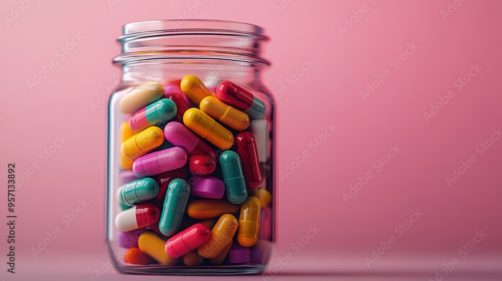 A clear glass jar filled with various colorful capsules and pills, set against a soft pink background, representing the concept of health, medicine, and pharmaceuticals. A clear glass jar filled with various colorful capsules and pills, set against a soft pink background, representing the concept of health, medicine, and pharmaceuticals.