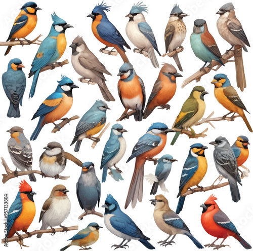 A collection of birds including one with a blue and green on the bottom