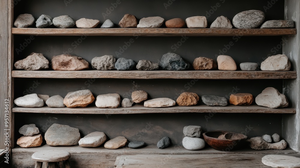A rustic arrangement of wooden shelves on a plain wall, showcasing a selection of assorted stones in varying sizes and shapes, creating a naturalistic and earthy environment. A rustic arrangement of wooden shelves on a plain wall, showcasing a selection of assorted stones in varying sizes and shapes, creating a naturalistic and earthy environment.