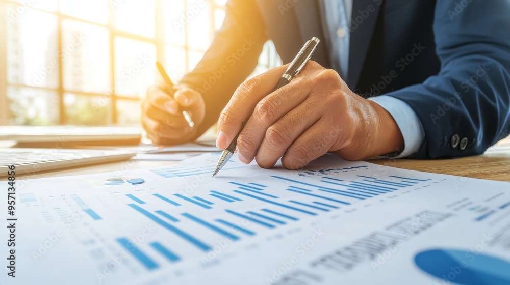 Close-up of a business plan with market analysis and competitor research, business strategy Close-up of a business plan with market analysis and competitor research, business strategy