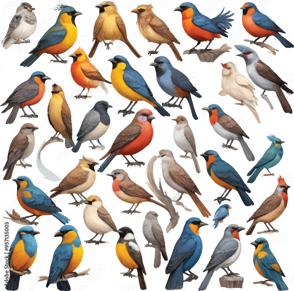 Naklejka premium A collection of birds including one with a blue and green on the bottom