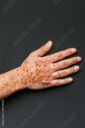 Close-up of a hand with multiple skin lesions, illustrating a case of infectious disease or dermatological condition photo