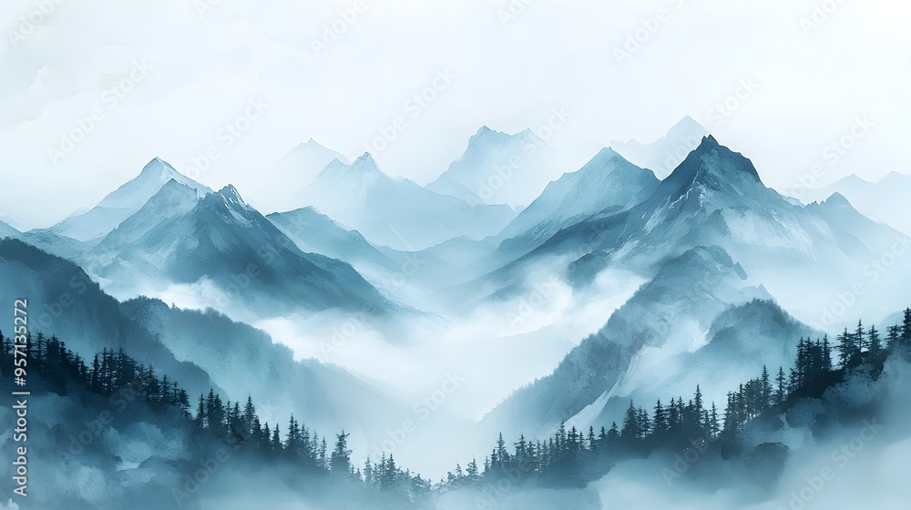 Misty Mountain Landscape in Traditional Ink Wash Painting Style Misty Mountain Landscape in Traditional Ink Wash Painting Style