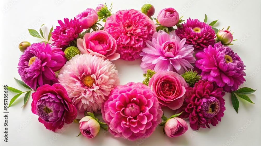 Vibrant pink peonies and dahlias arranged in a beautiful, modern, circular floral design against a clean white background, perfect for spring and summer celebrations. Vibrant pink peonies and dahlias arranged in a beautiful, modern, circular floral design against a clean white background, perfect for spring and summer celebrations.