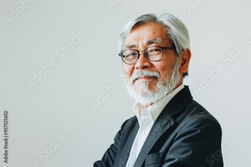 An elder gentleman with grey hair and beard smiles warmly, wearing a black jacket over a white shirt, set against a light background.