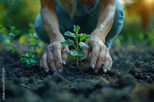 Close-up of hands planting a small seedling in the soil, symbolizing growth, nurturing, and sustainability. Ideal for themes related to gardening, nature, and environmental care. photo