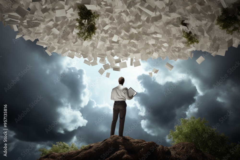 A disorganized stack of papers accumulated in a chaotic manner on a desk or table