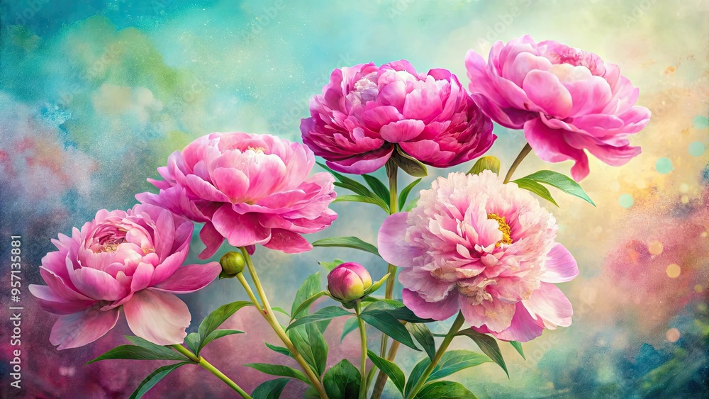 Vibrant pink peonies bloom against a blurred watercolor-inspired background of soft pastel hues, forming a stunning floral art piece for design and decoration. Vibrant pink peonies bloom against a blurred watercolor-inspired background of soft pastel hues, forming a stunning floral art piece for design and decoration.