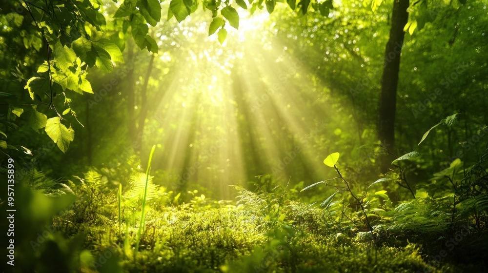 Fototapeta premium Sunlight Streaming Through a Lush Forest