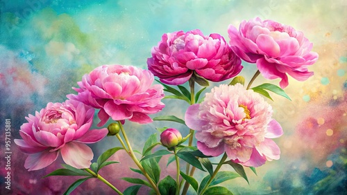 Vibrant pink peonies bloom against a blurred watercolor-inspired background of soft pastel hues, forming a stunning floral art piece for design and decoration.