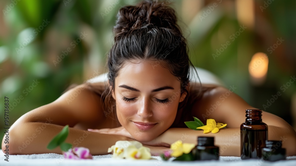 Relaxing spa treatment with essential oils and flowers in a serene environment during the afternoon Relaxing spa treatment with essential oils and flowers in a serene environment during the afternoon