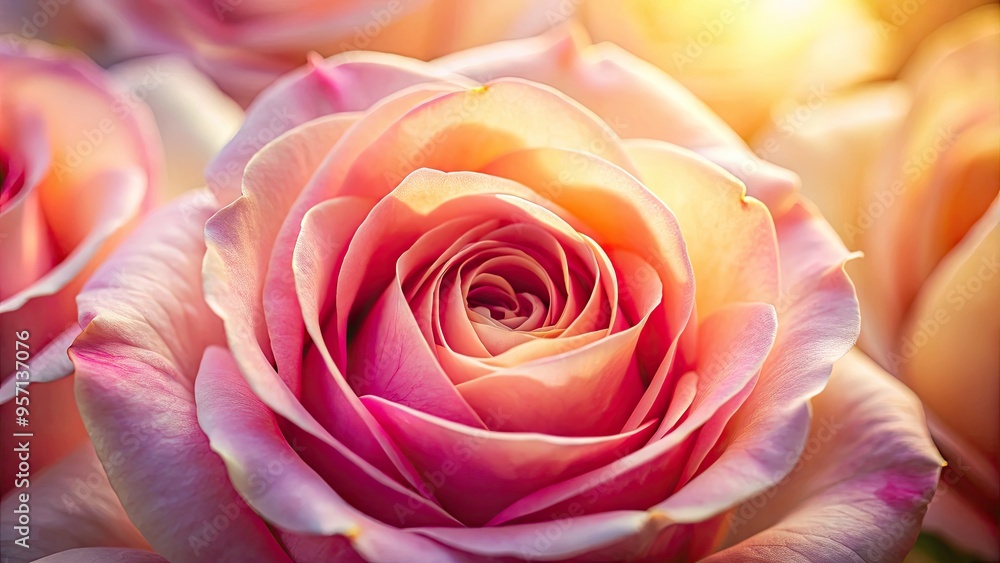 Vibrant pink rose bloom fills the frame, delicate petals unfolding from a golden center, soft focus and warm lighting accentuating its exquisite natural beauty. Vibrant pink rose bloom fills the frame, delicate petals unfolding from a golden center, soft focus and warm lighting accentuating its exquisite natural beauty.