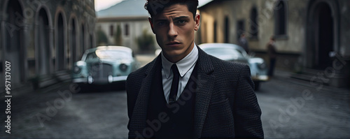 A brooding man in a suit standing alone on a moody, atmospheric city street photo