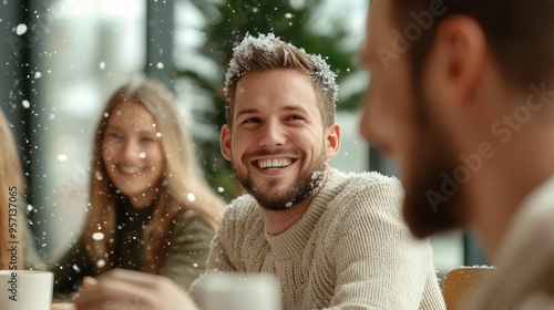 Office team planning a winter project, brainstorming with snowthemed decorations photo