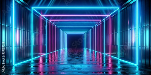 Neon Blue and Purple Glowing Corridor, 3D Render, Abstract, Futuristic, Cyberpunk, Neon, Lights